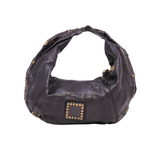 Campomaggi Marisa C039420ND borsa a spalla donna in pelle nera intrecciata con borchie Made in Italy<BR/>
