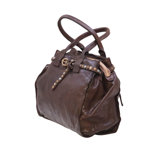 Campomaggi Rossella Poppi C041020 borsa shopping grande in pelle marrone con borchie e strass