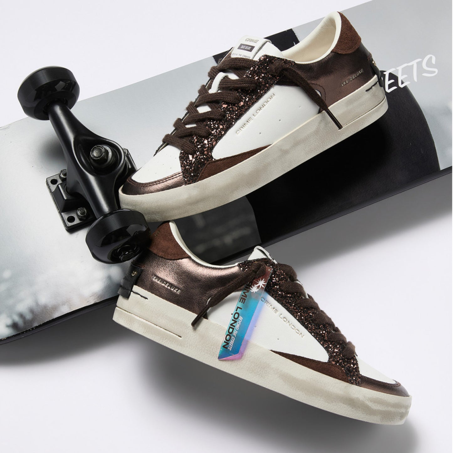 Crime London Sk8 Deluxe Cocoa Mist 23103 sneaker donna bianca e cioccolato con glitter