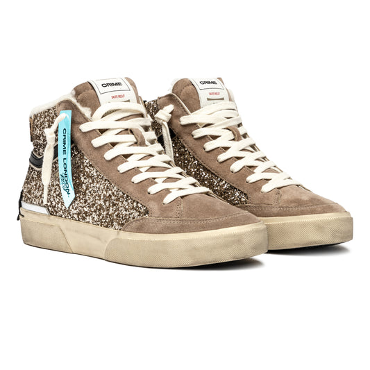 Crime London 25177 SK8 Recut High sneaker alta in suede e glitter beige