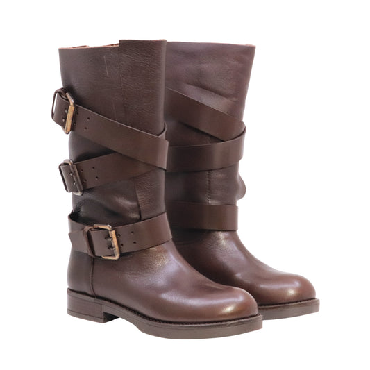 The Seller LW810 stivaletto biker donna in pelle marrone con fibbie Made in Italy