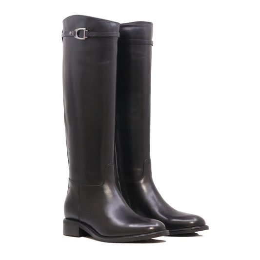 The Seller MW074 Crust Nero stivale alto donna in pelle nera con fibbia Made in Italy