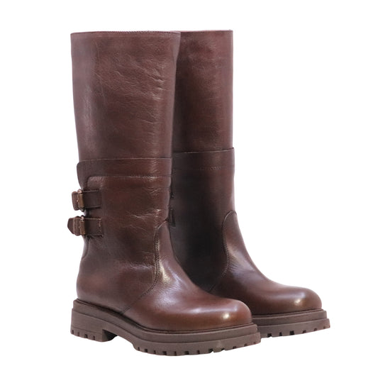 The Seller MW088 stivale donna in pelle marrone con doppia fibbia e suola carrarmato