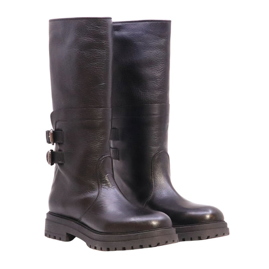 The Seller MW088 King Nero stivale donna in pelle nera con doppia fibbia e suola carrarmato