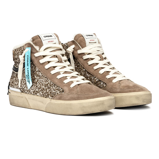 Crime London 25177 SK8 Recut High sneaker alta in suede e glitter beige