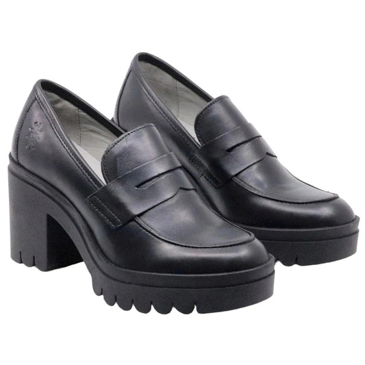 Mocassino con tacco da donna Fly London Toky in pelle nera