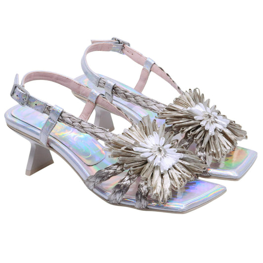 Ras 8152 Sandalo donna in pelle argento con fiore maxi in rafia