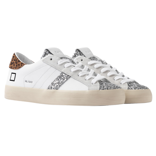 DATE Hill Low Shiny White Leopard HL SH WD sneaker donna in pelle bianca con dettaglio talloncino in leopardo