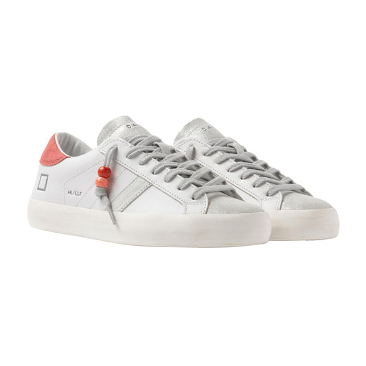 D.A.T.E. Hill Low Calf HL-CA-HR sneaker donna in pelle bianca con dettaglio corallo