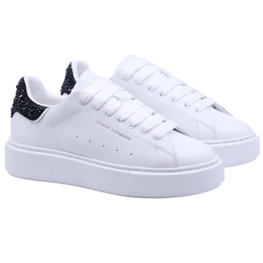 Sneaker donna Crime London in morbida pelle bianca con talloncino in glitter nero