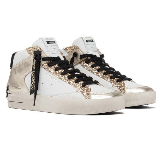 Crime London 21150 Sk8 Deluxe Mid in pelle bianca e oro
