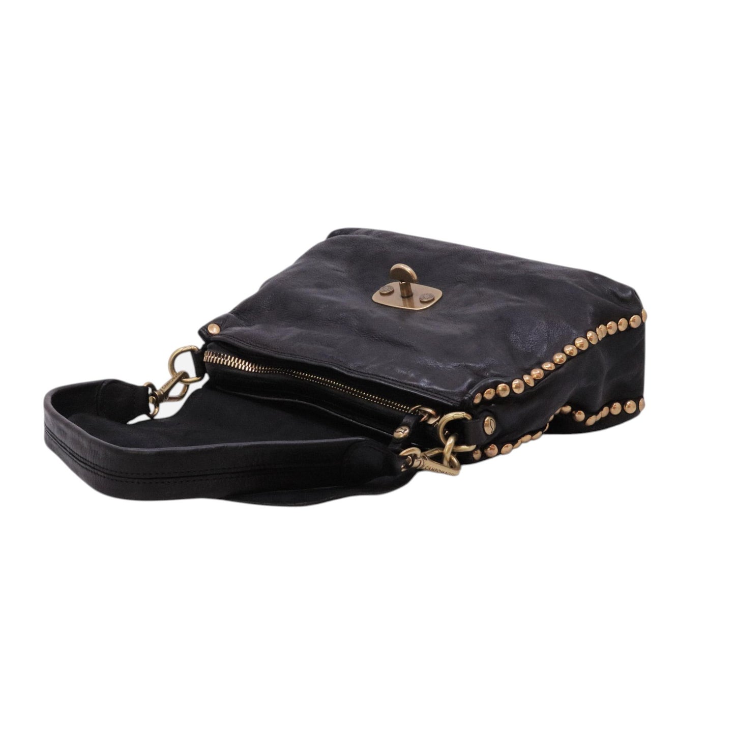 Campomaggi C042250 borsa tracolla donna in pelle nera con borchie