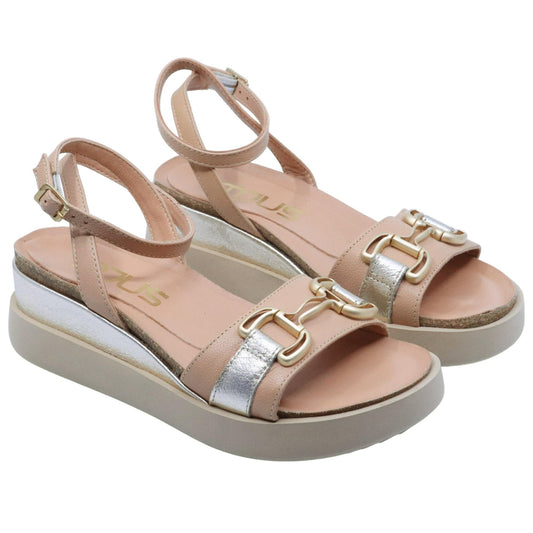Sandalo zeppa Mjus T18029 in pelle carne e platino