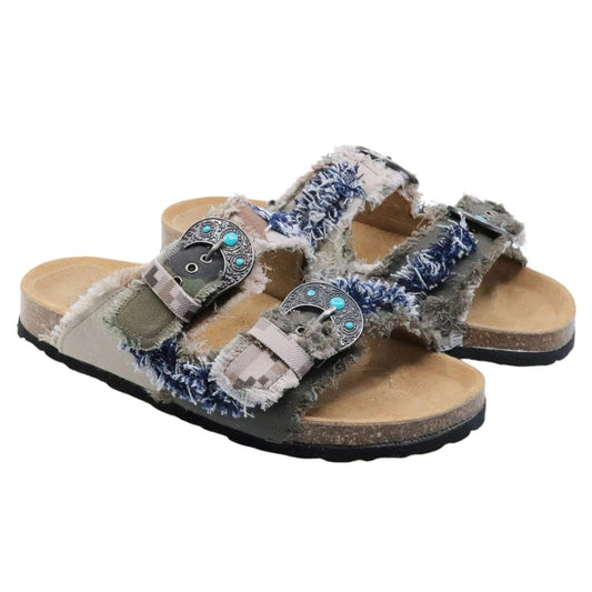 Sandalo donna Taji Buckle Patch in tessuto militare giacca mimetica in color verde, blu e rosa