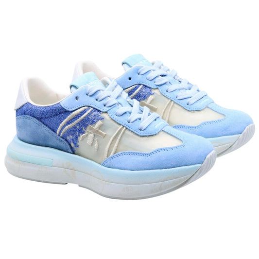 Premiata Cassie 7471 sneaker donna in tessuto trasparente beige e dettagli in camoscio azzurro