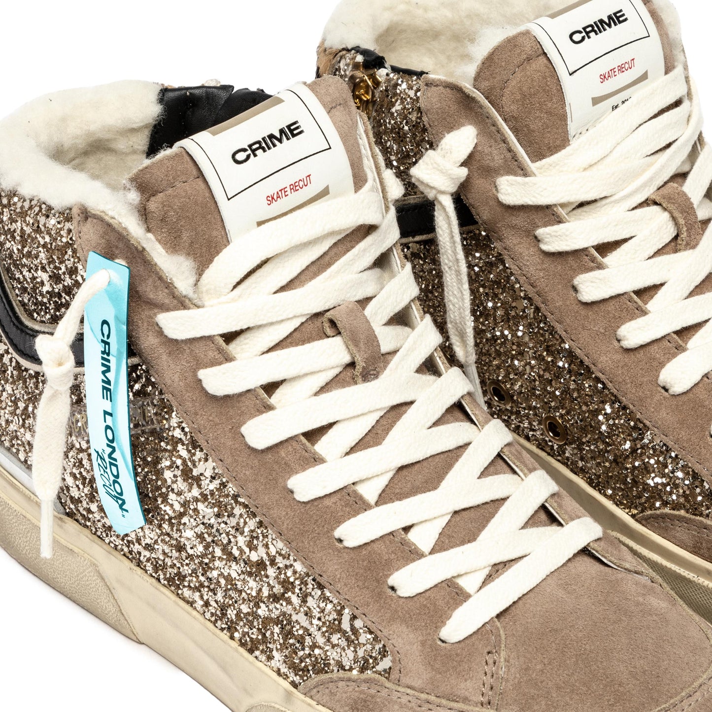Crime London 25177 SK8 Recut High sneaker alta in suede e glitter beige