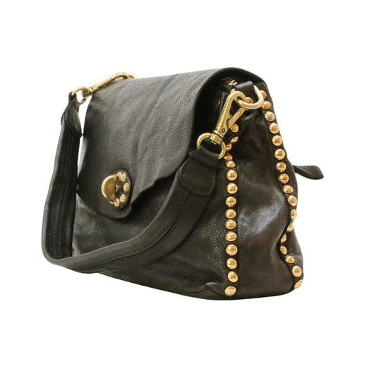 Campomaggi C042250 borsa tracolla donna in pelle grigia con sfumature marroni e borchie