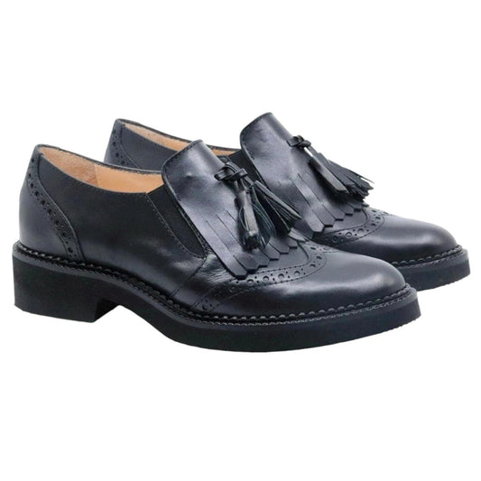 Le Briella Z759 mocassino donna in pelle nera con frangia