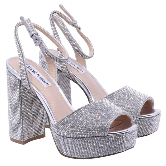 Sandalo con tacco Steve Madden Lourdes in similpelle e strass color argento