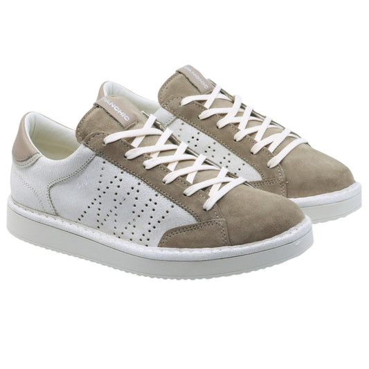 Seaker uomo Panchic P01 in pelle bianca avorio e camoscio vintage khaki