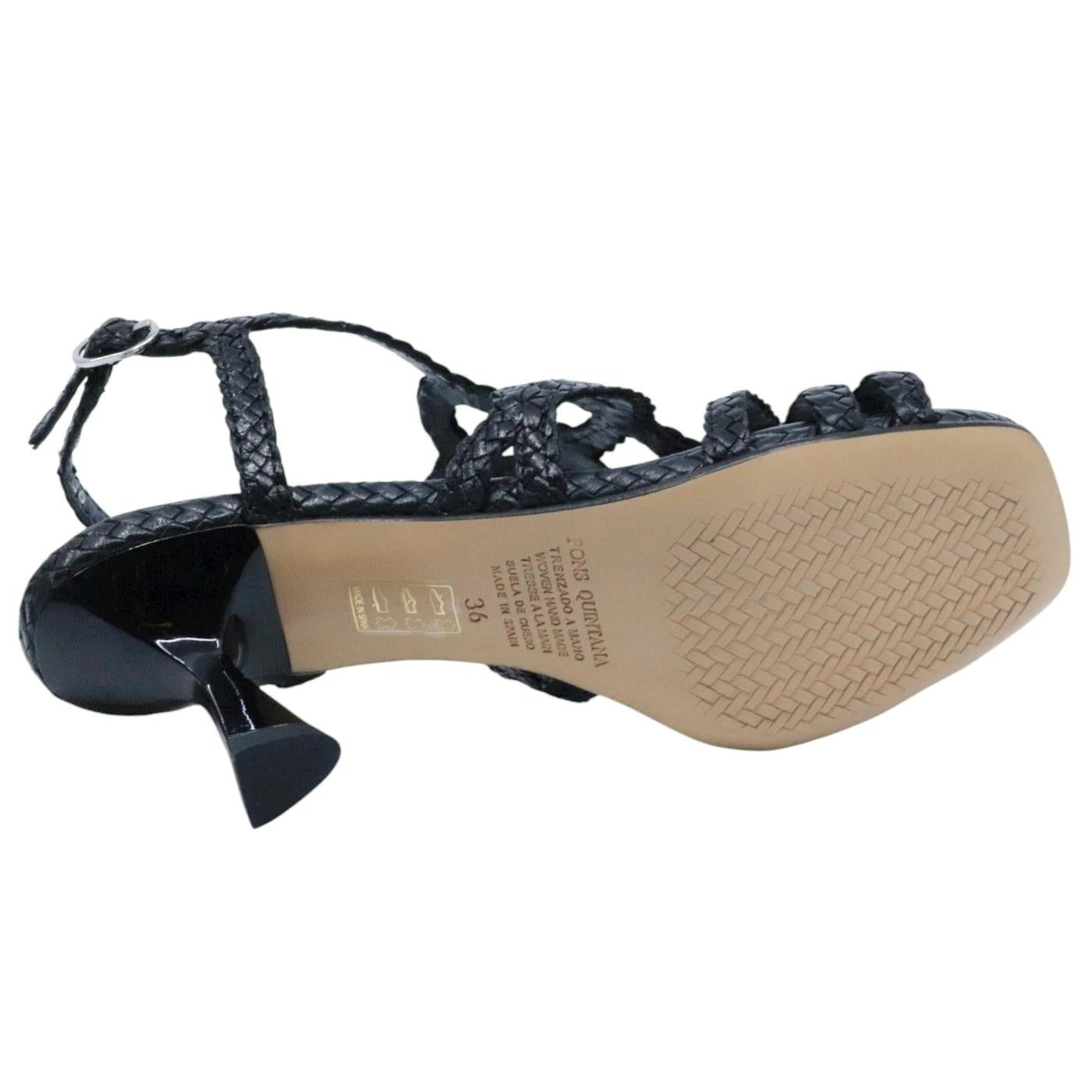 Sandalo con tacco Pons Quintana Fiji 11397 in pelle nera intrecciata