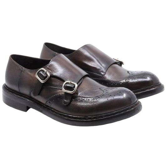 Scarpa uomo con doppia fibbia Crispiniano in pelle testa di moro