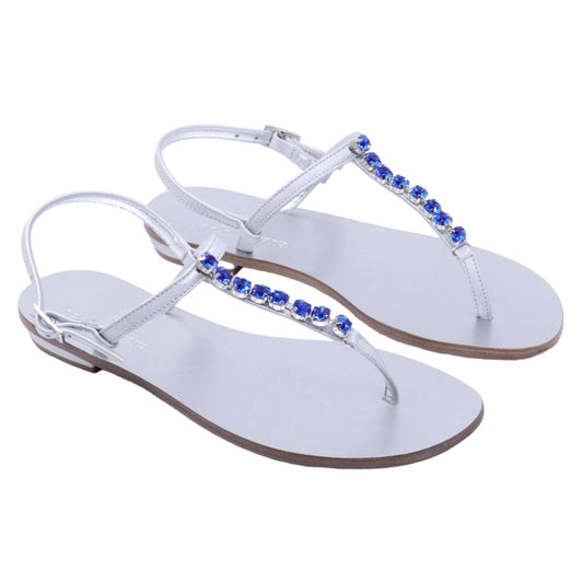 Sandalo infradito 3131C Paolo Ferrara in pelle argento e pietre color blu zaffiro