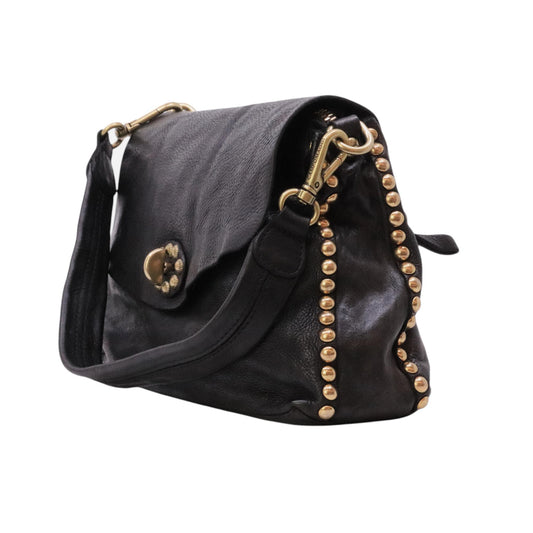 Campomaggi C042250 borsa tracolla donna in pelle nera con borchie