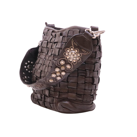 Campomaggi Edera C043760 borsa a spalla in pelle intrecciata moro con borchie