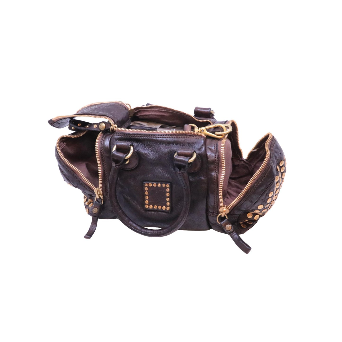 Campomaggi Kura Britney C002780ND borsa bauletto donna in pelle con borchie marrone Made in Italy