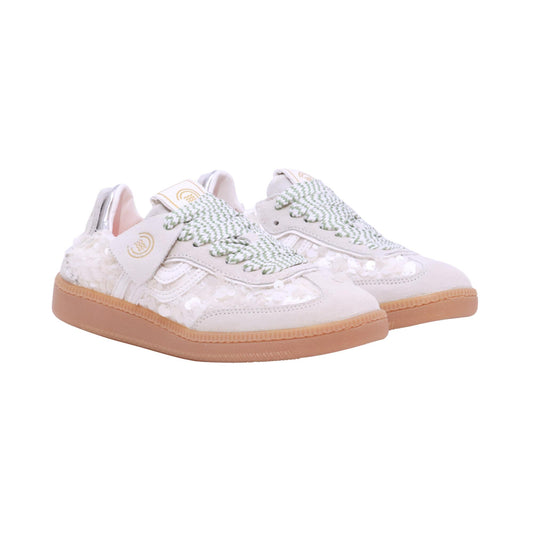 Primabase Borg 51501 sneaker donna in camoscio e tessuto con paillettes beige bianco e silver
