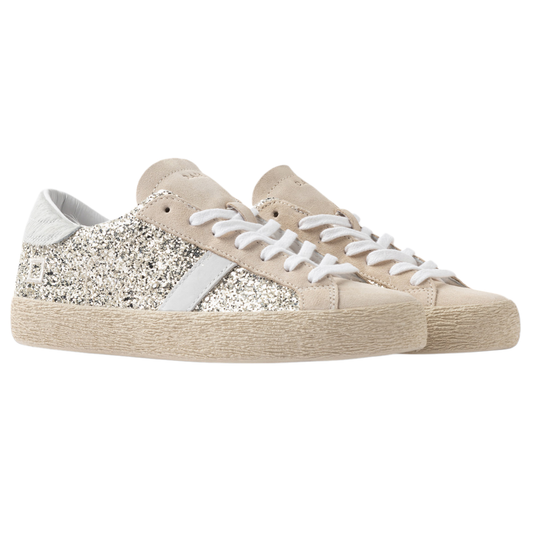 DATE Hill Low Glitter Platinum HL GL PL sneaker donna in glitter platino con dettagli in pelle beige