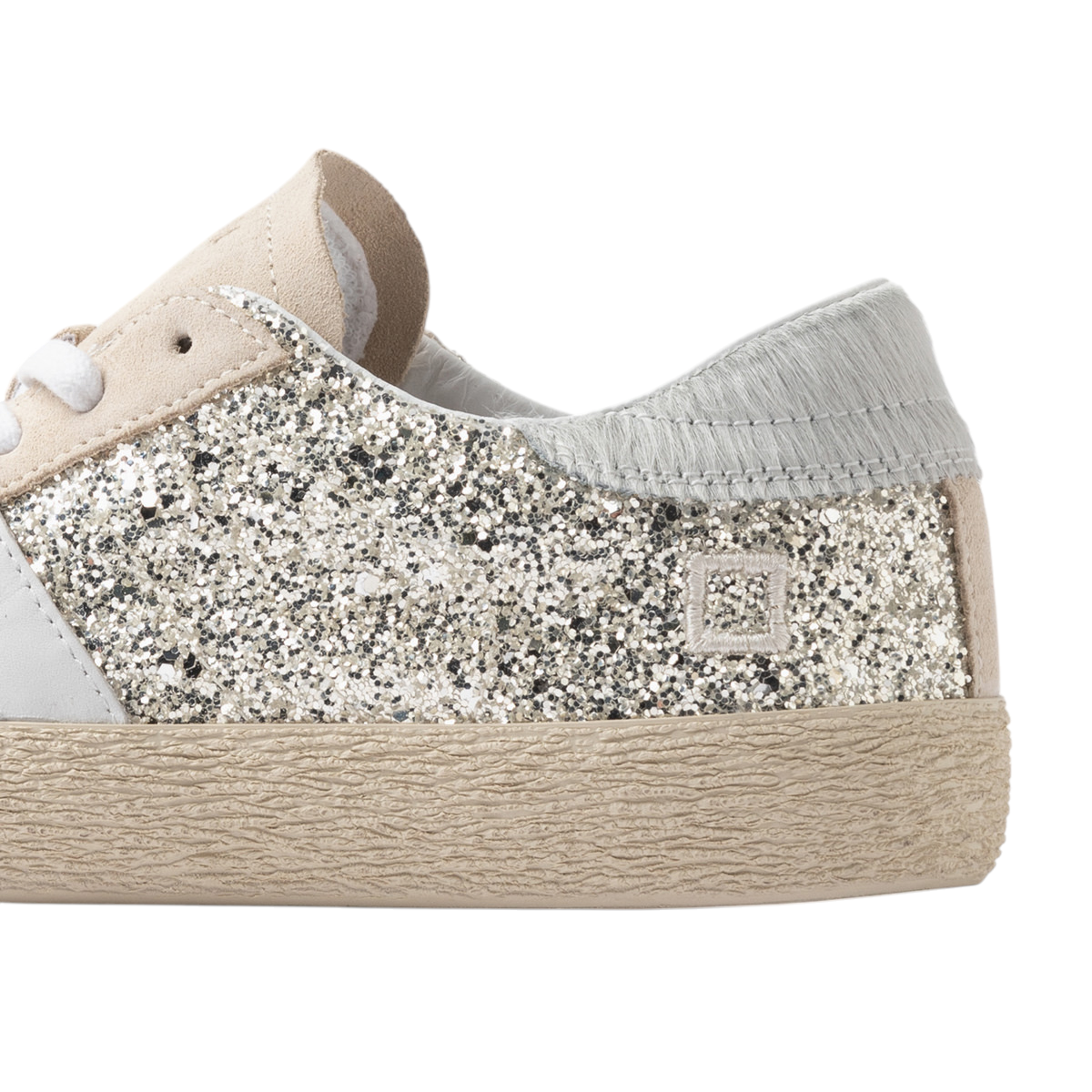 DATE Hill Low Glitter Platinum HL GL PL sneaker donna in glitter platino con dettagli in pelle beige