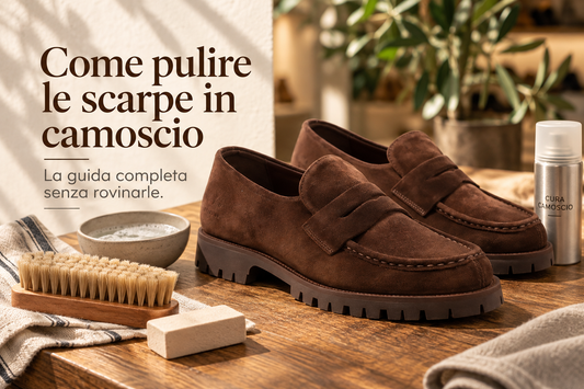 Mocassini in camoscio marrone con spazzola e prodotti per la pulizia delle scarpe in camoscio.