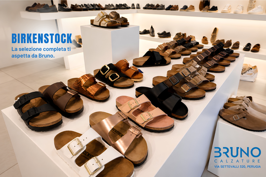Esposizione di sandali Birkenstock da uomo e donna da Bruno Calzature a Perugia, nel punto vendita di Via Settevalli 320