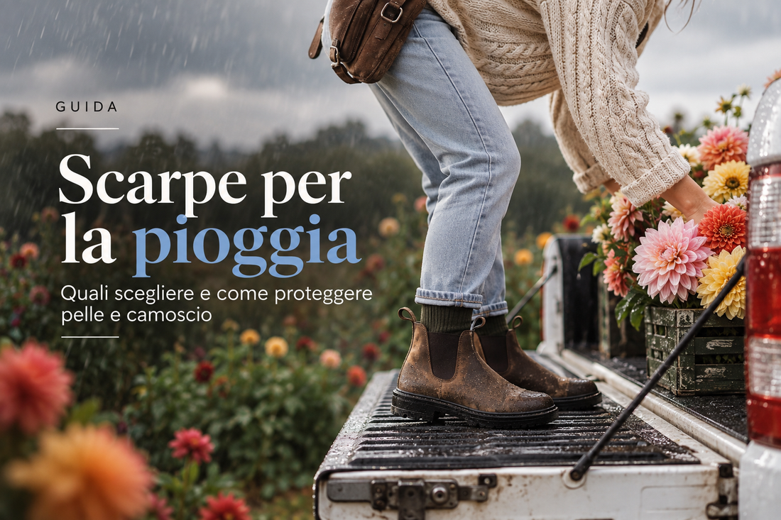 Donna con stivaletti da pioggia su un pick-up sotto la pioggia, copertina della guida Bruno su scarpe impermeabili, pelle e camoscio.