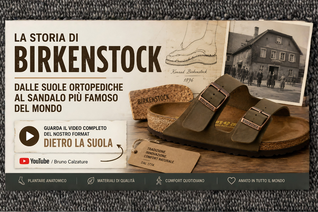 Immagine editoriale dedicata alla storia di Birkenstock, con sandalo iconico in primo piano, riferimenti alle origini ortopediche del brand e richiamo al video YouTube della serie “Dietro la Suola”.