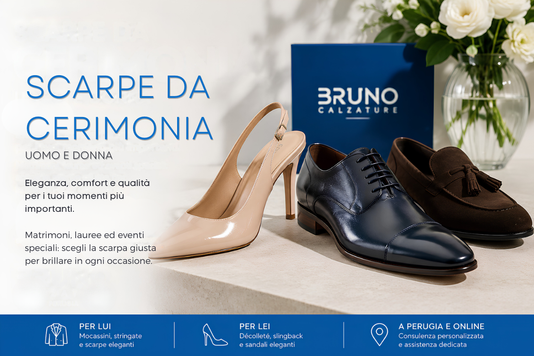 Scarpe da cerimonia uomo e donna fotografate in ambiente elegante e minimale con grafica Bruno Calzature, dedicate a matrimoni, lauree ed eventi speciali con focus su comfort, qualità ed eleganza.