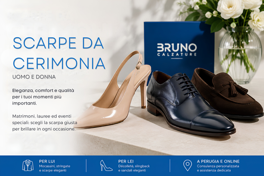 Scarpe da cerimonia uomo e donna fotografate in ambiente elegante e minimale con grafica Bruno Calzature, dedicate a matrimoni, lauree ed eventi speciali con focus su comfort, qualità ed eleganza.