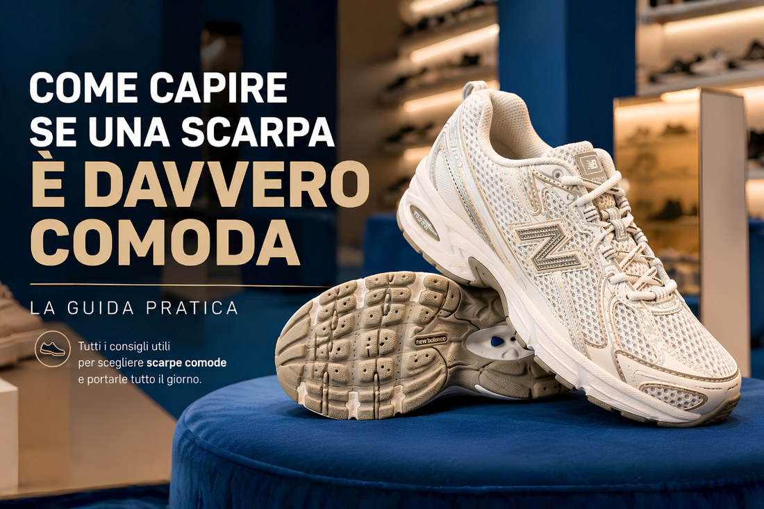 Sneaker New Balance bianca appoggiata su uno sgabello blu all’interno di un negozio di scarpe moderno, con testo grafico “Come capire se una scarpa è davvero comoda”.