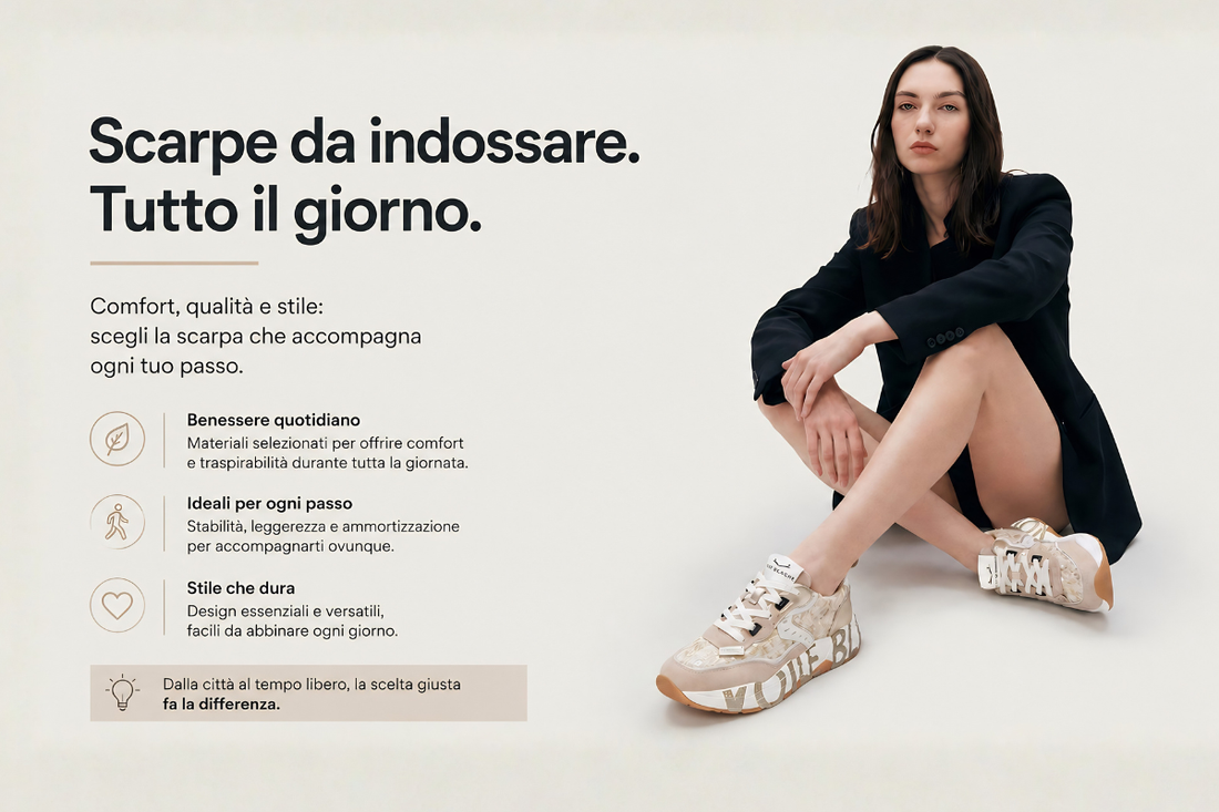 Donna seduta in studio minimal con sneakers beige e bianche, accompagnata dal testo “Scarpe da indossare. Tutto il giorno.” dedicato al comfort e all’utilizzo quotidiano delle scarpe.