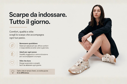 Donna seduta in studio minimal con sneakers beige e bianche, accompagnata dal testo “Scarpe da indossare. Tutto il giorno.” dedicato al comfort e all’utilizzo quotidiano delle scarpe.