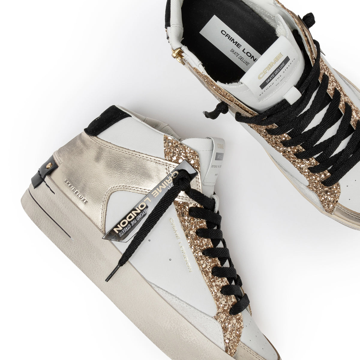 Crime London 21150 Skate Mid in pelle bianca e oro 