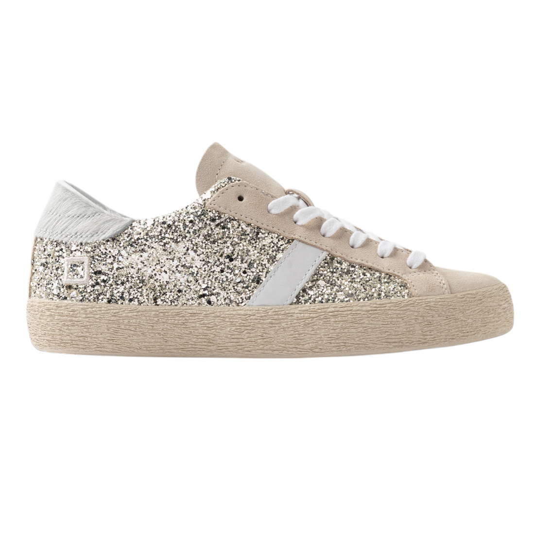 DATE Hill Low Glitter Platinum HL GL PL sneaker donna in glitter platino con dettagli in pelle beige 