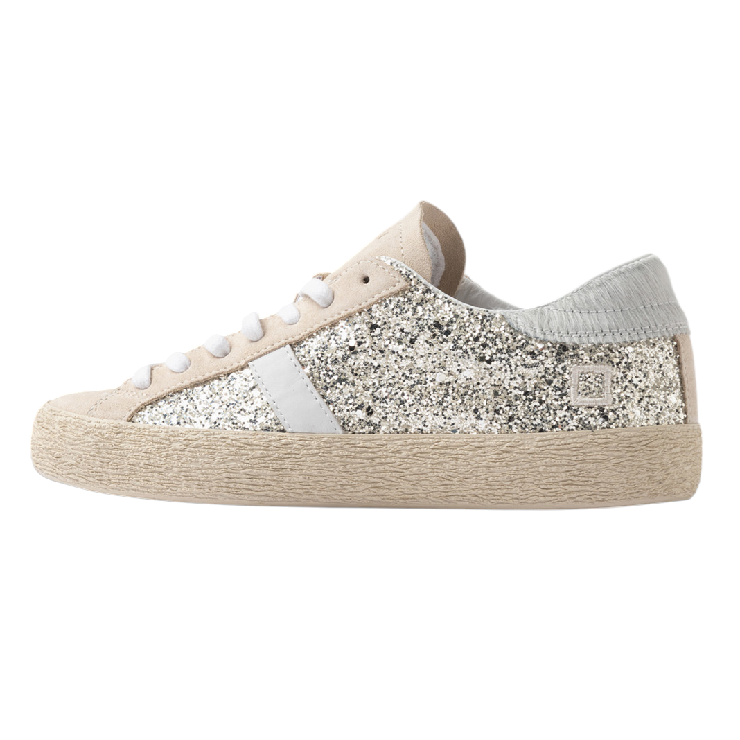 DATE Hill Low Glitter Platinum HL GL PL sneaker donna in glitter platino con dettagli in pelle beige 