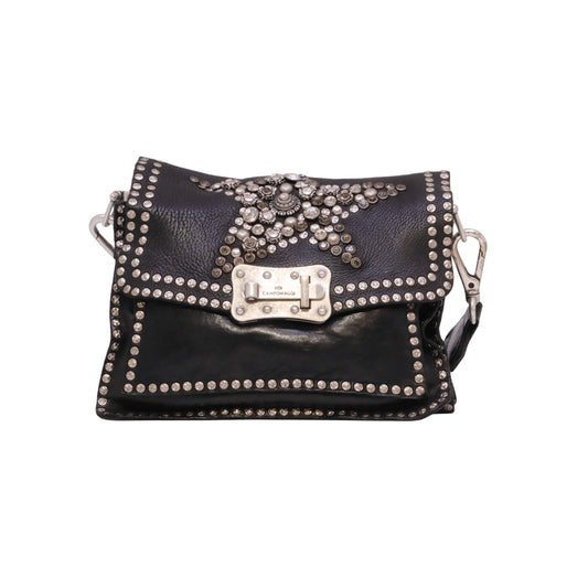 Campomaggi Agnese C016500ND borsa a tracolla donna in pelle nera con borchie e cristalli Made in Italy 
