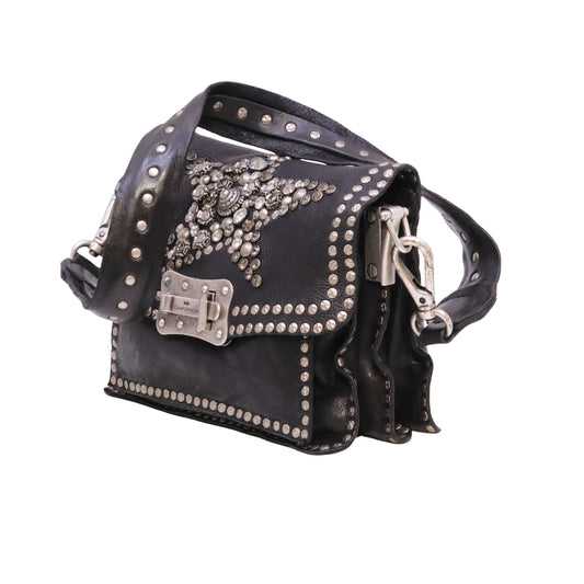 Campomaggi Agnese C016500ND borsa a tracolla donna in pelle nera con borchie e cristalli Made in Italy 