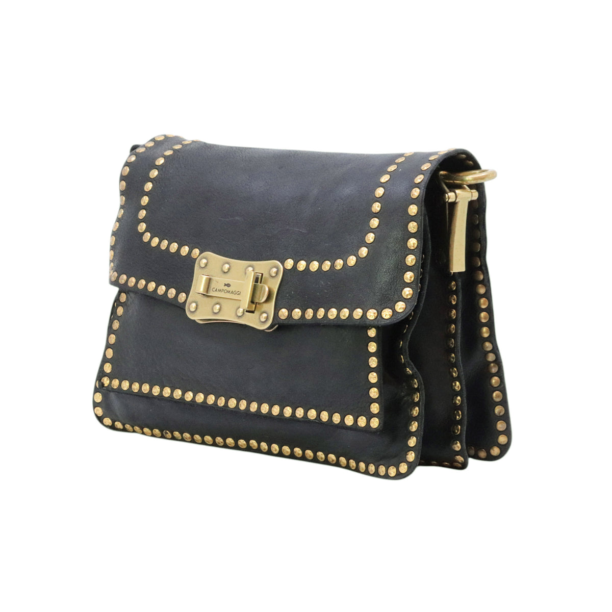 Campomaggi Agnese C016500 borsa donna in pelle nera con borchie e tracolla 