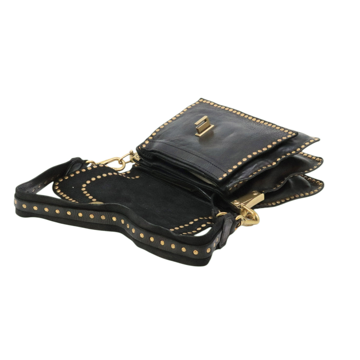 Campomaggi Agnese C016500 borsa donna in pelle nera con borchie e tracolla 