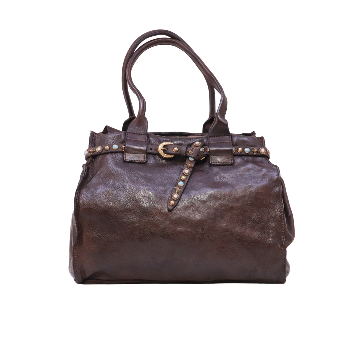 Campomaggi Rossella Poppi C041020 borsa shopping grande in pelle marrone con borchie e strass 
